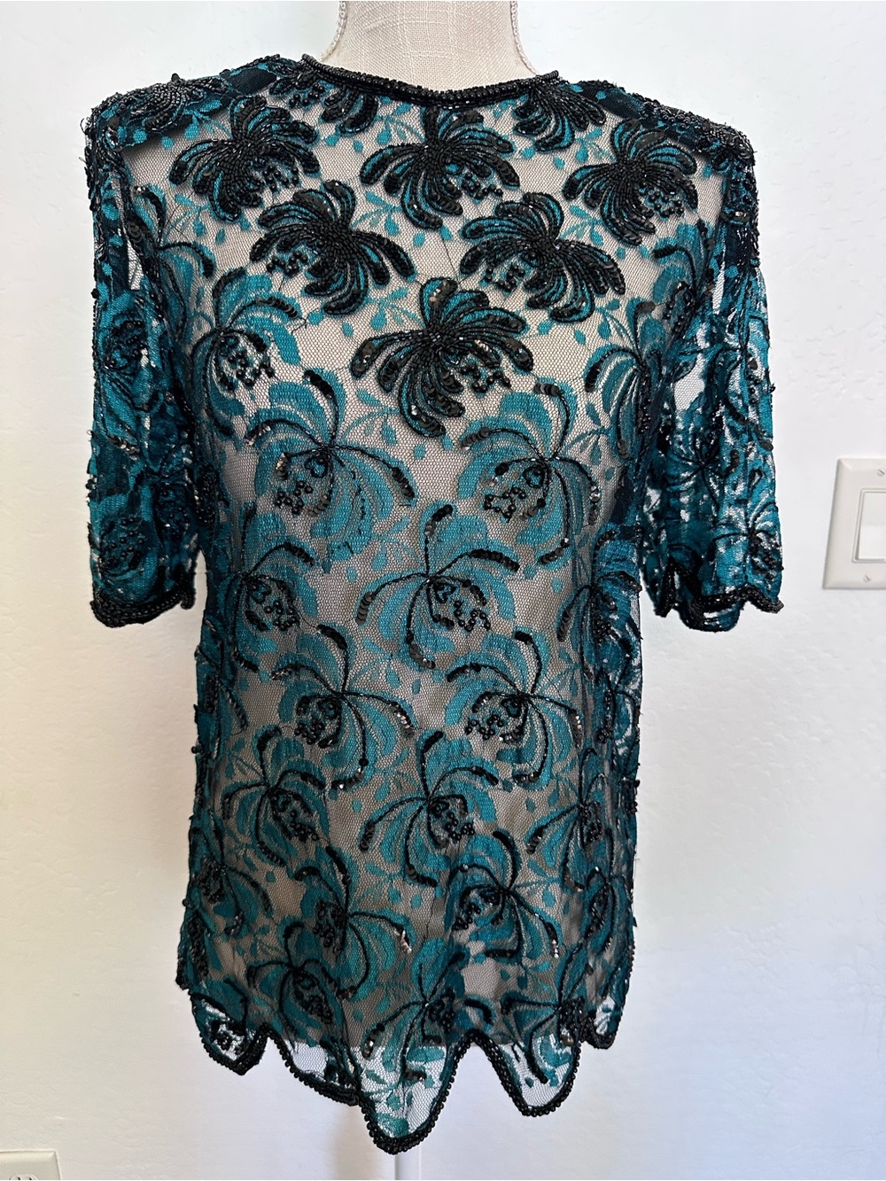 Scala Milan Vintage Teal Black Beaded Lace Fabric Top Size: XL
